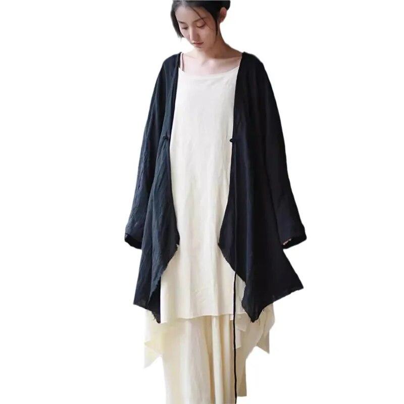 Johnature Woman Spring Loose Solid Color Vintage Coat Flared Sleeves V-Neck Retro Personality Coat