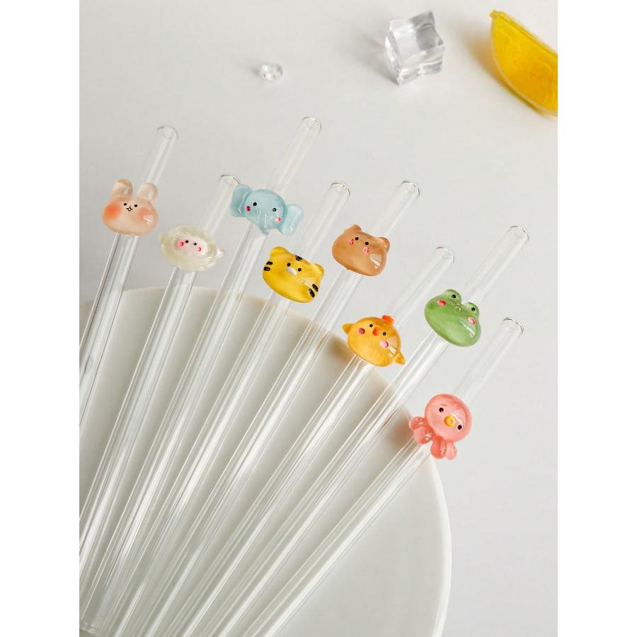 Glass Straws with Animal Charms, Clear Bend Reusable Drinking Straw, for Cold Drinks, Milk Tea, Coffee, Juice, Smoothies, Kitchens, Restaurants