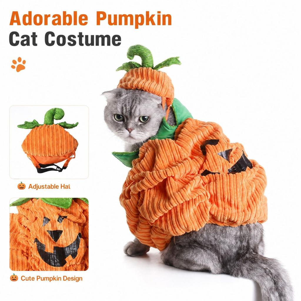Costume di Halloween per Animali Domestici per Gatti e Cani, Vestito Zucca con Cappello e Vestiti, Set Divertente per Travestimenti