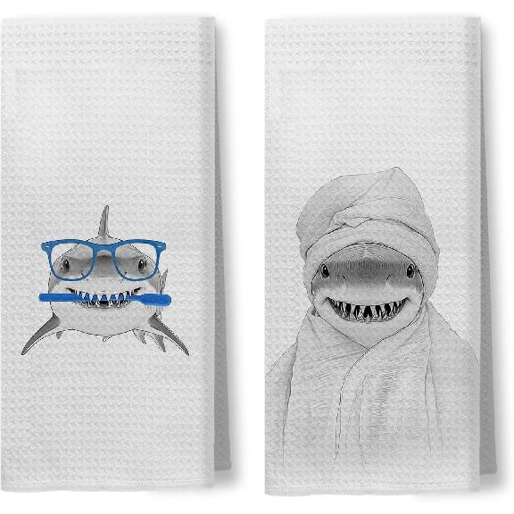 Funny Shark Bathroom Hand Towels, Shark Kids Bathroom Decor, Coastal Beach Ocean Hand Towels for Kids Bath Room Washroom Toilet, 16x24 Inch Set of 2