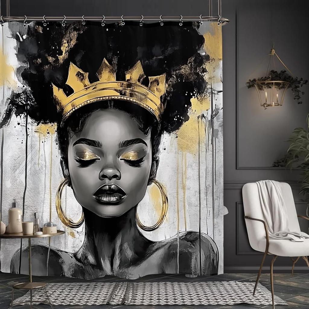 African American Olive Green Shower Curtain Black Girl Flower Oil Painting Art Bathroom Accessories Decoration with 12 Hooks
