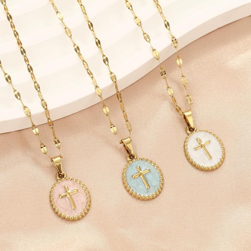 Stainless Steel Cross Pendant Necklace for Women Men Simple Round Colorful Drop Oil Necklace Vintage Punk Versatile Jewelry Gift