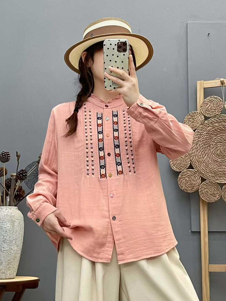 Women's Long Sleeve Embroidered Cotton Shirt, Ethnic Style, Loose Fit, Retro, Slimming Temperament Top
