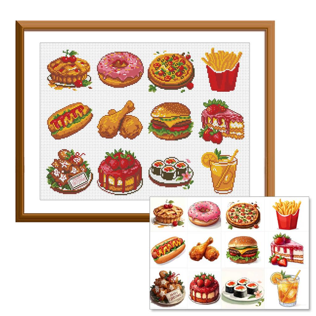 Stitch Kit for Beginners, 12 Cute Western Food Patterns, DIY Embroidery Set