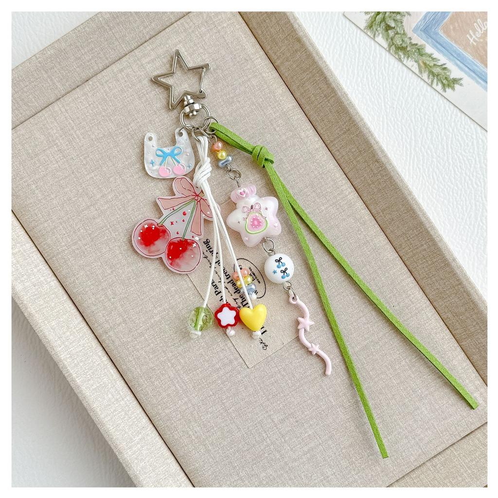 Cute Cherry Fruit Acrylic For Women Hollow Star Pink Star Peach Pendant Mixed Bead Green Suede Ribbon Bag Accessories Bag Charm