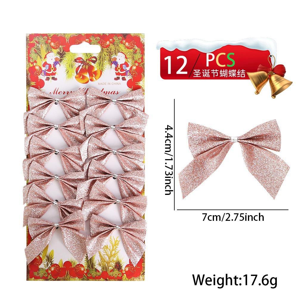 

12 шт. Різдвяні прикраси, Прикраса для різдвяної фестивальної вечірки, Міні-бантик із золотим пилом на різдвяну ялинку, Підвіска-прикраса з бантом рожевий