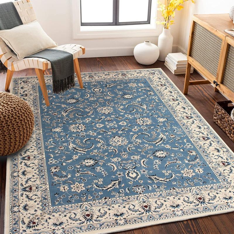 Oriental Medallion Carpets Elaborate Floral Pattern Navy Cream Gold Tones for Luxurious Living Room Decor