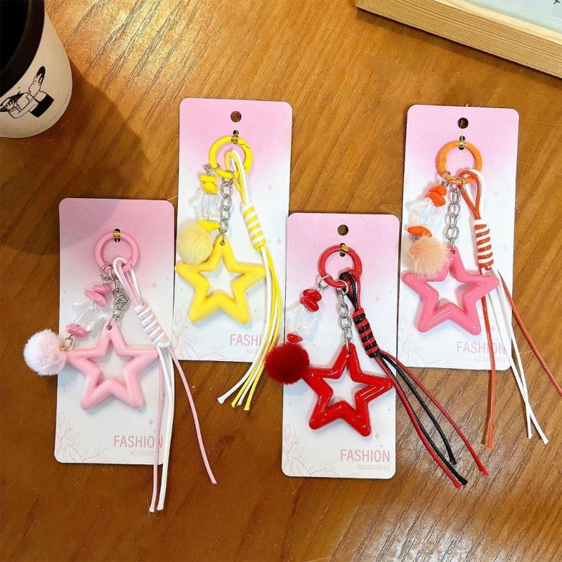 Star Keychain with Decorative Ball and Acrylic Charm, Spring-Gate Clasp and Cord Details for Keys, Bags, and Zipper Pulls