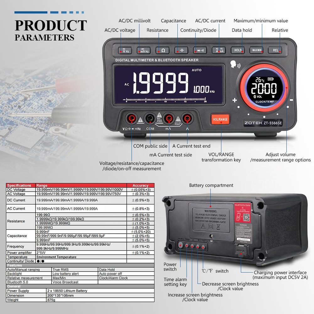 ZOYI ZT-5566SE Desktop Voice Multimeter Professional Digital Bluetooth 19999 Counts True RMS Auto Range DC/AC Meter