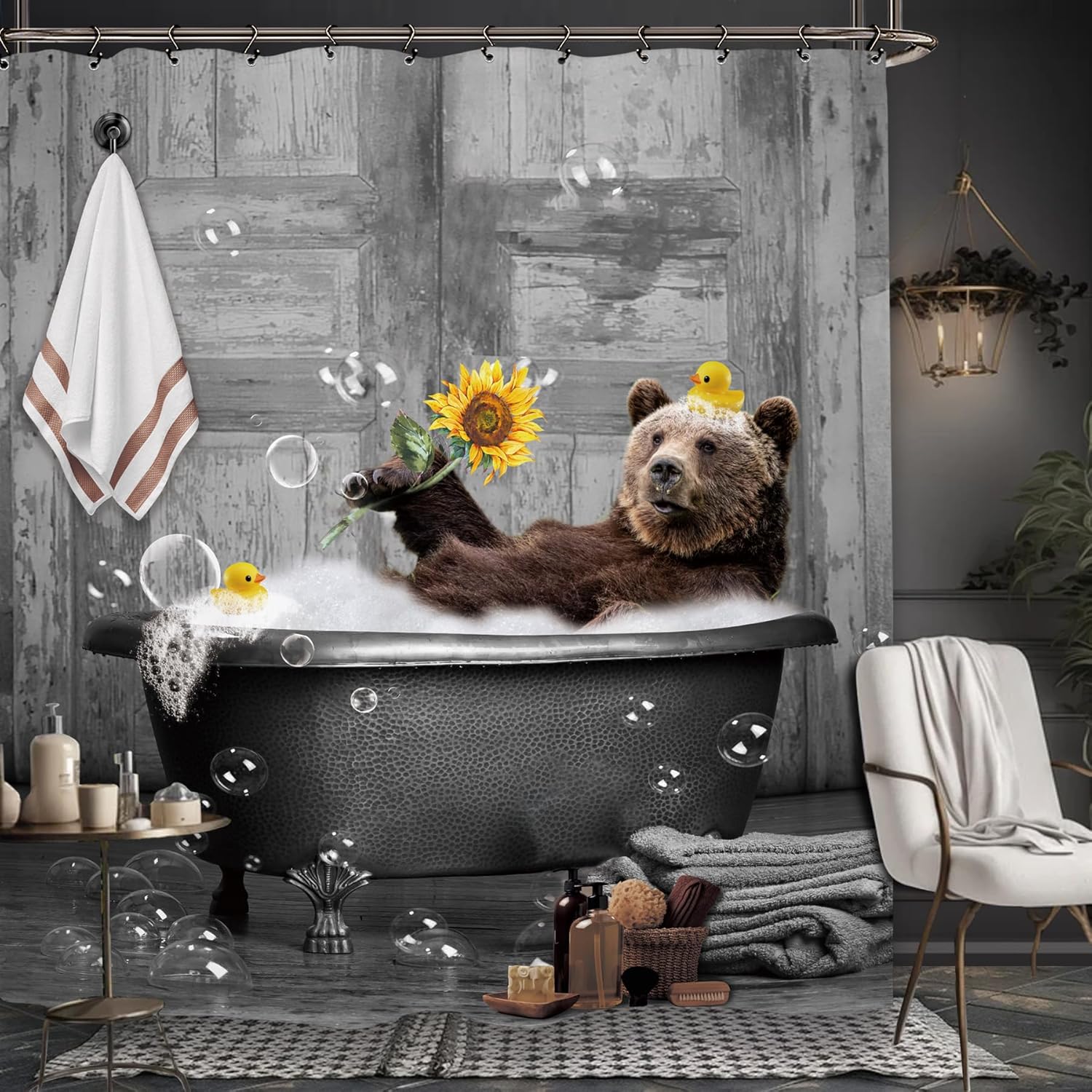 

Woodland Bear Vintage Shower Curtain, Rustic Farmhouse Cabin Wildlife Animal Country Bathroom Decor 90x180CM