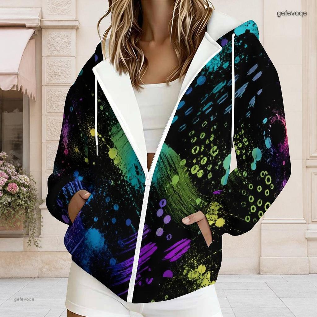 Women Plus Size Zip Up Hoodie Long Sleeve Drawstring Hood Pockets Green Beige Leaf Print Casual Top