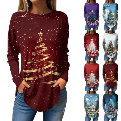 T-Shirts für Damen, Herbst, lässige Langarmshirts, Sweatshirt, Vintage-Grafik, Weihnachtsdruck, Top, Pullover