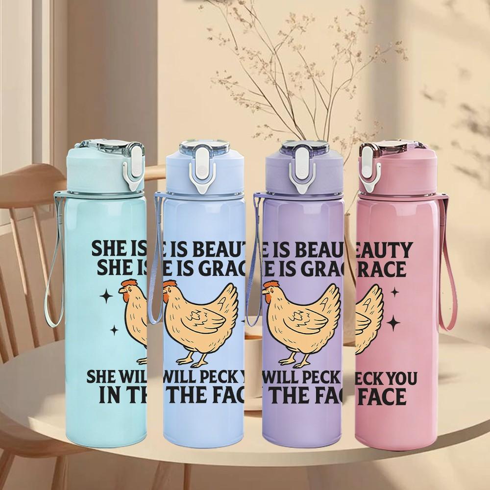 1PC She Is Beauty Chicken Quote Art 750ml Color Plastic Sports Water Bottle Leakproof Flip Straw Lid Suitable for Sports Office Home Use