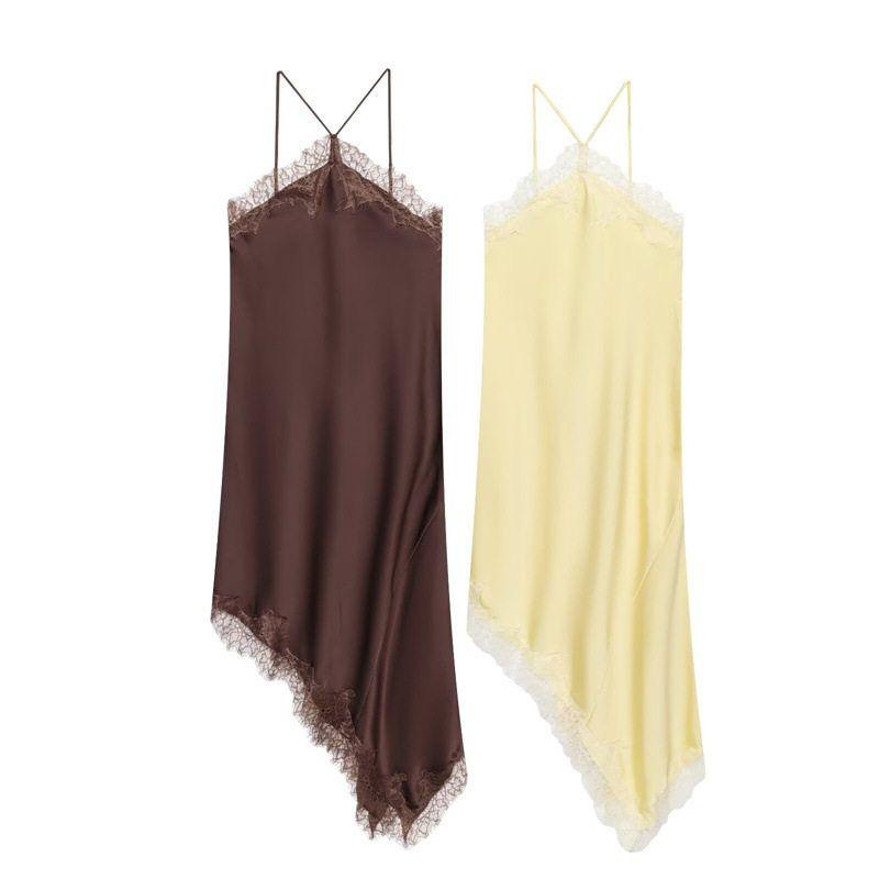 Cross-Border Foreign Trade 2026 European and American Style Fashion Women's New Lace-Trimmed Silk Satin Texture Irregular Strap Dress