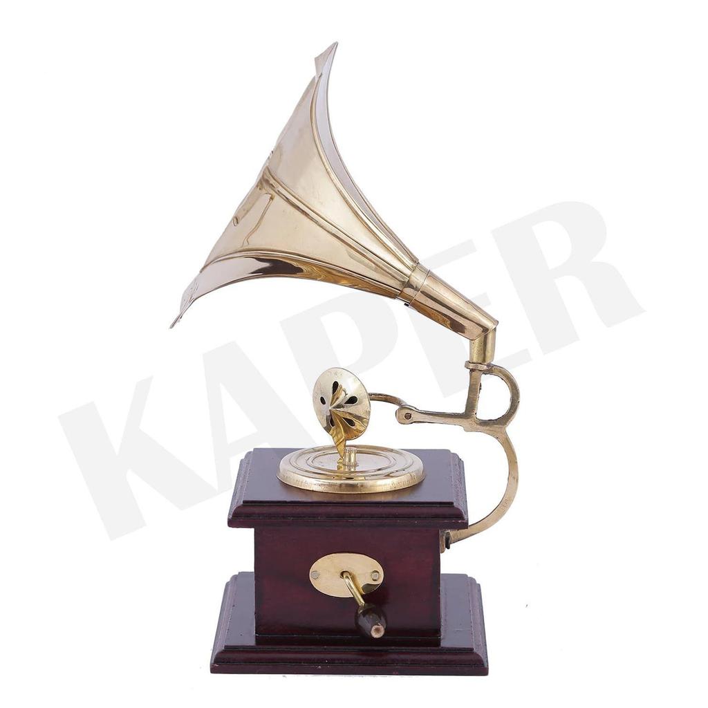 Brass Decorative Gramophone Showpiece & Ceramic Flower Vase Set | Home Decor Combo for Living Room
