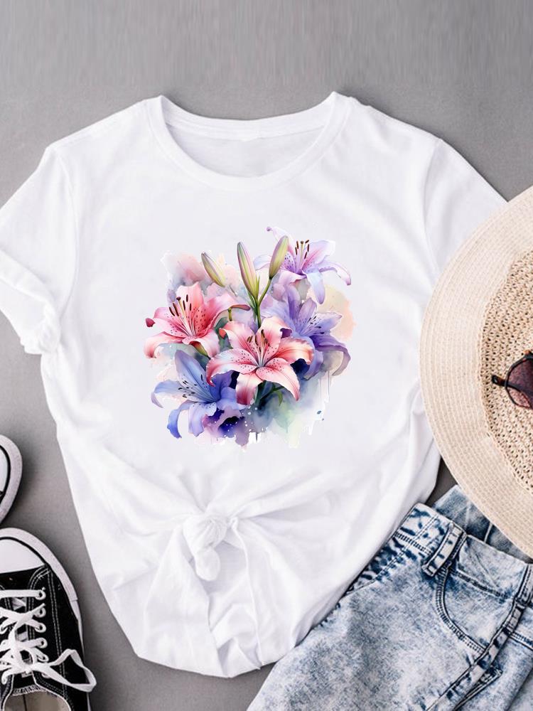(Asian Size) sweet flower trend cute Women's Clothing Print Short Sleeve T-shirts Fashion Female Casual Top T O-neck Graphic Tee