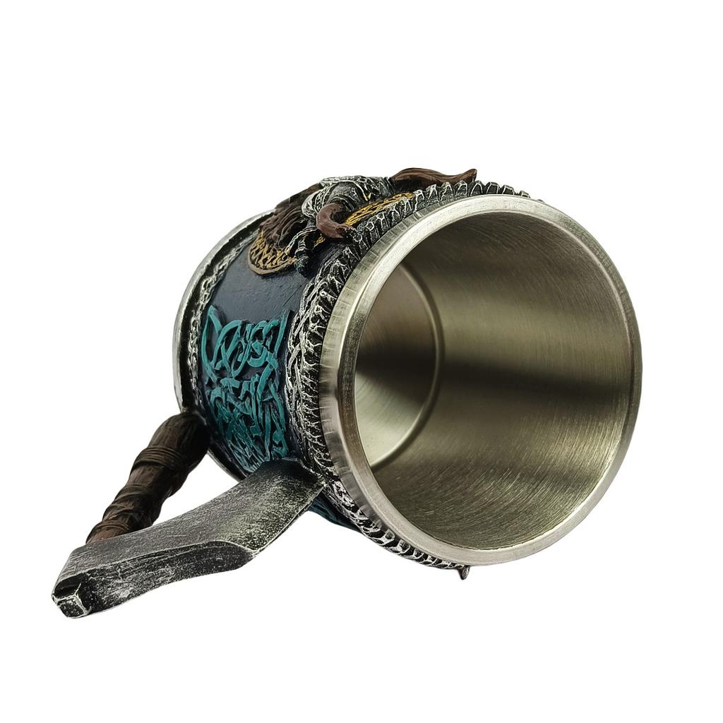 Viking Stainless Steel Single Handle Horn Skull Beer Stein Cup, Nordic Viking Warrior Skull Mug Tankard Halloween Bar Drinkware