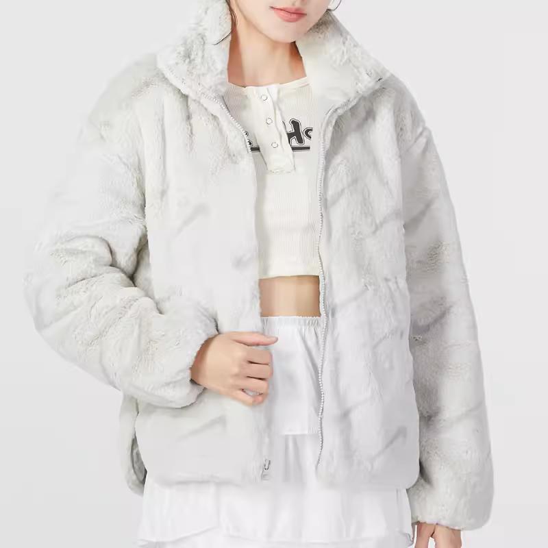 Nike Full Print Stand Collar Faux Fur Warm Straight Long Sleeve Cotton Jacket Women Outerwear White DQ6843-072