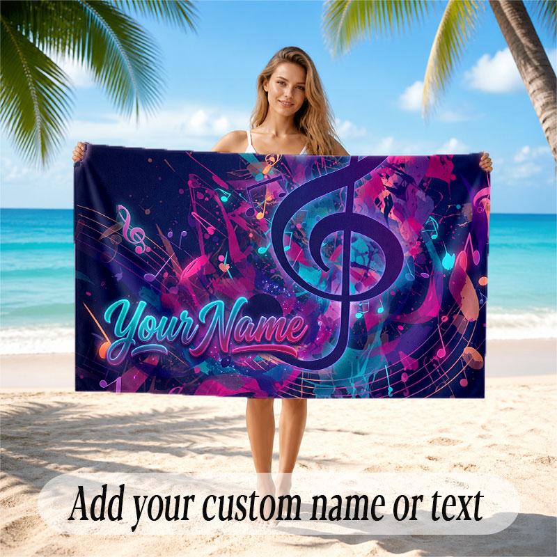 Music General Theme Beach Towel Personalized Custom Name & Text Soft Quick Dry Beach Towel for Swimming Travel