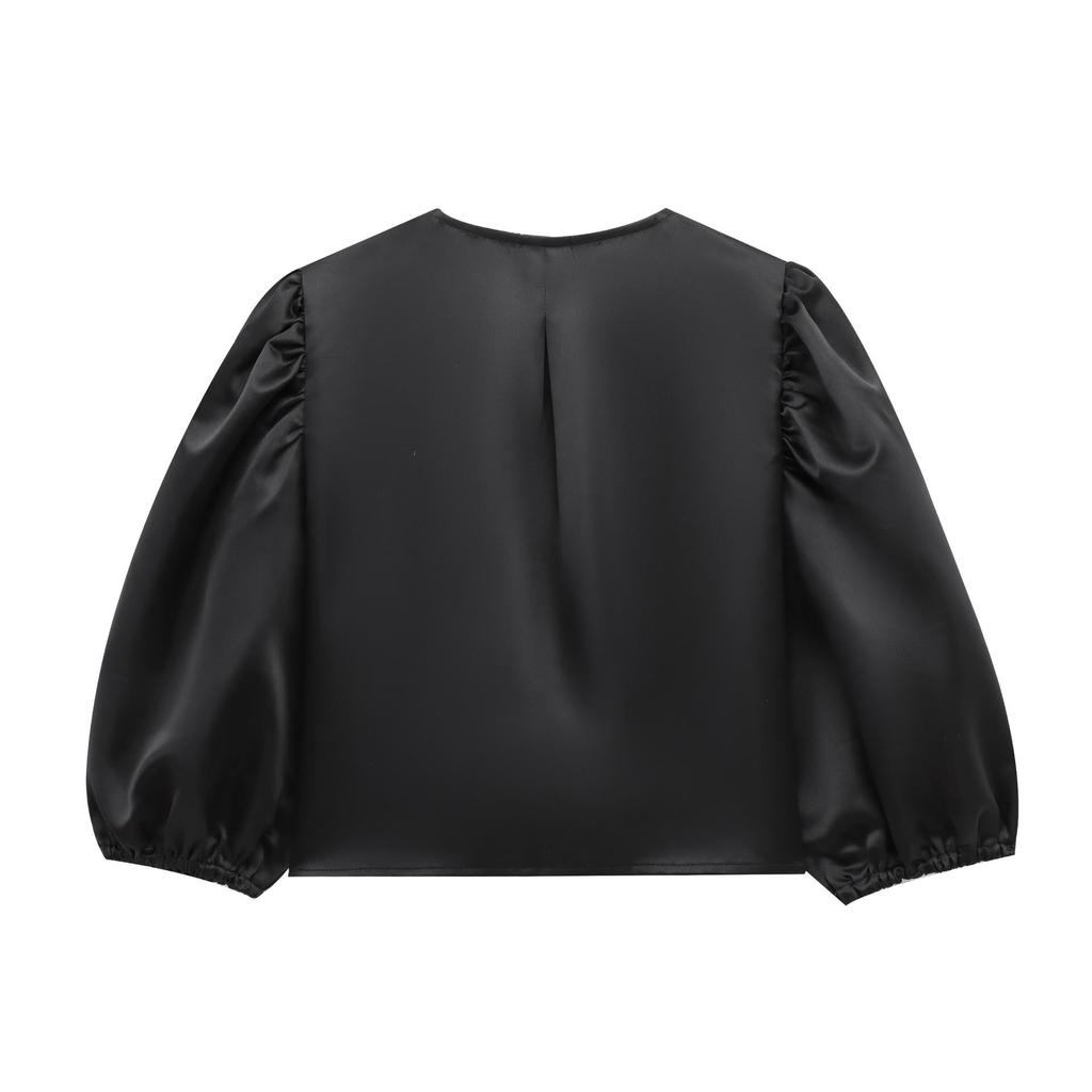 2025 Spring European & American Style Women's Satin Puff Sleeve Bow Top