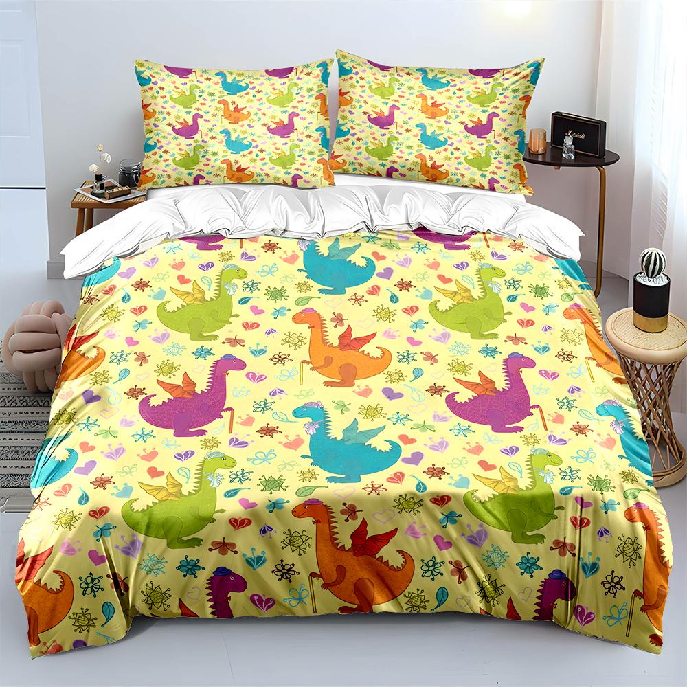 Cartoon Dragons With Colorful Pattern Duvet Cover Set Digital Print Colorful Polyester Bedding With Zipper Closur For Kids Gifts