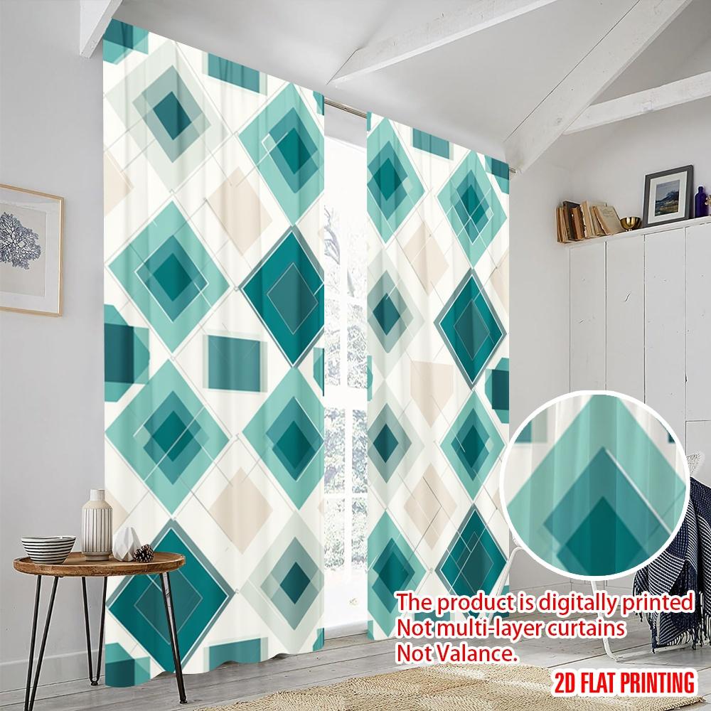 2pcs,2D Plane Printing Contemporary Curtains Geometric Mint Squares Versatile Fabric (without Rod) Art Deco Festive Perfect for