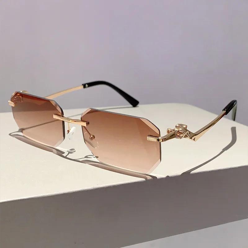 Punk Rimless Vintage Square Sunglasses Women For Men Luxury Brand Designer Sun Glasses Popular Outdoor Metal Leopard Eyeglasses