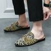 Half Shoes For Men Leather Semi-Drag Casual Shoes Mens Open Back Loafers Slippers Leopard Print Male Mules Sandals Slip-On Flats