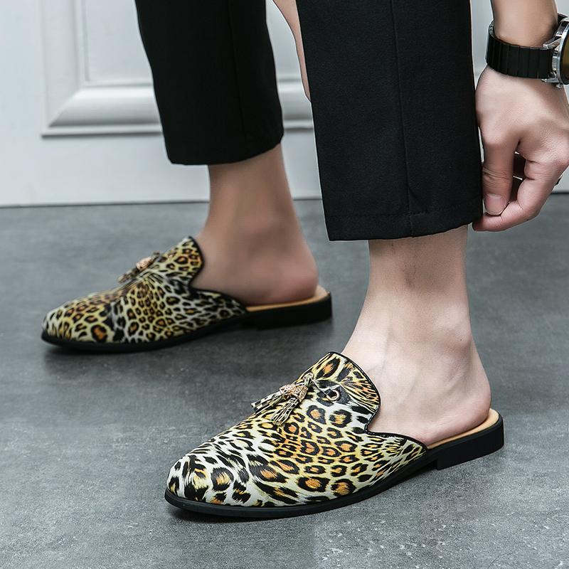 Half Shoes For Men Leather Semi-Drag Casual Shoes Mens Open Back Loafers Slippers Leopard Print Male Mules Sandals Slip-On Flats