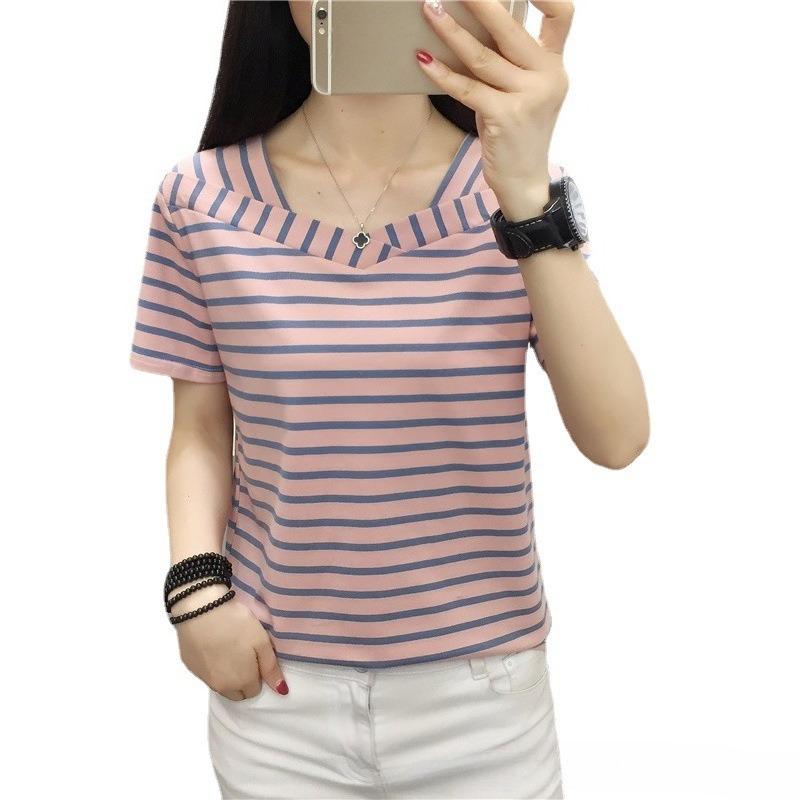 Women's Cotton Short-sleeved T-shirt Women's Summer Loose Striped V-neck Top Half-sleeved