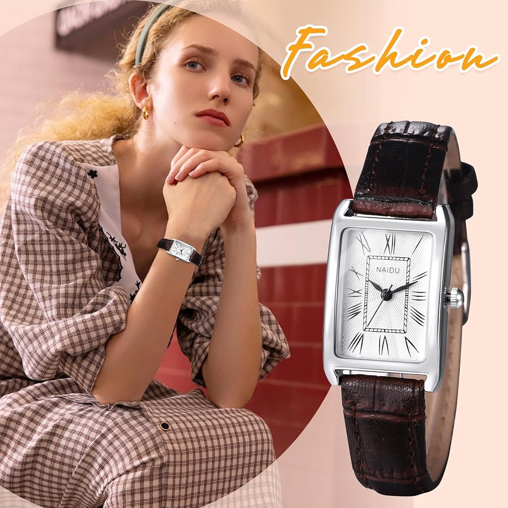 "Women's Waterproof Square Dial Quartz Watch Brown Strap Silver Case Simple Design"