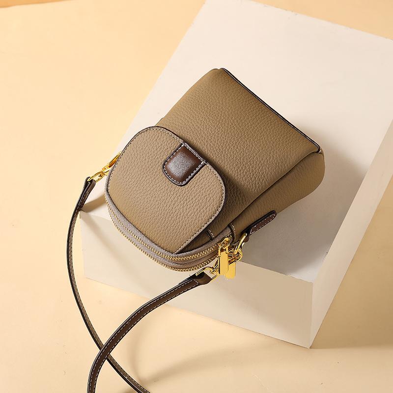 Head Layer Cowhide Women's Bag, Mobile Phone Bag, Women's Genuine Leather Crossbody Bag, Fashionable Multi Compartment Shoulder Bag
