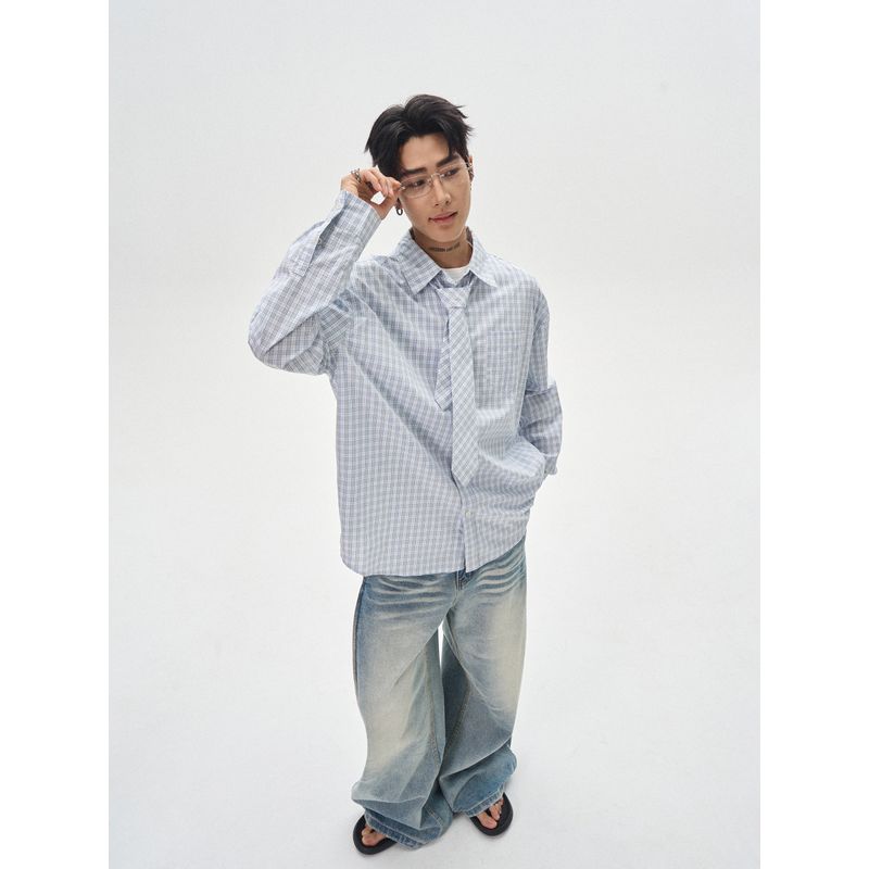 Kisko Simple Retro High-Fashion Blue Plaid Long-Sleeve Shirt Unisex Loose Casual Shirt Jacket