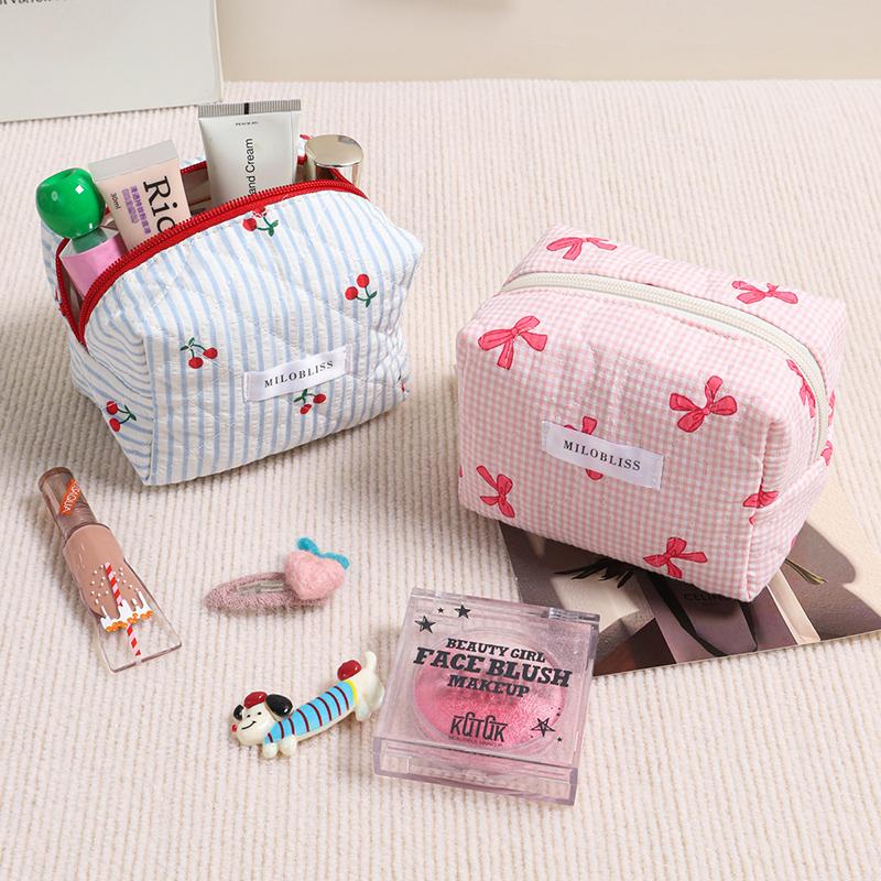 Plaid Bow Makeup Bag, Quilted Cherry Cosmetic Pouch, Student Lightweight Storage, Portable And Multifunctional