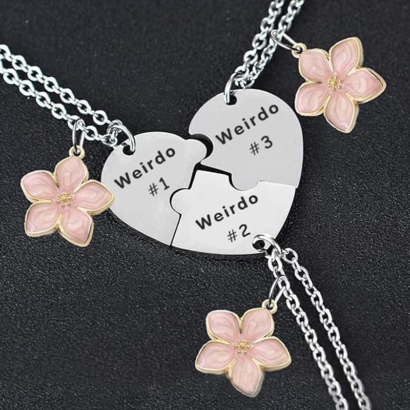 3 Pcs Cherry Blossom Weirdo 1 Weirdo 2 Weirdo 3 Heart Pendant Necklace Set Stainless Steel Sisters Friendship Jewelry Gifts