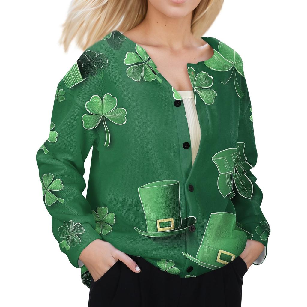 Women's Stylish St. Patrick Print Long Sleeve  Fleece Cardigan Button Jacket