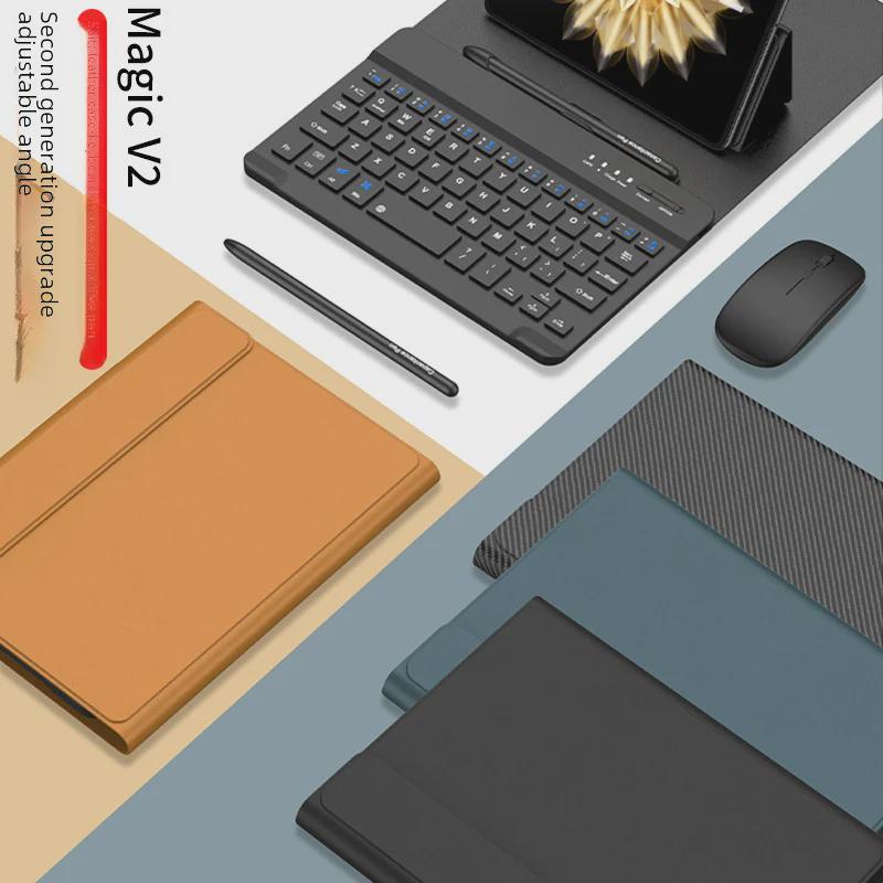 Huawei Honor Magic V2 Folding Screen Tablet Case: Solid Color Leather Keyboard Stand with Bluetooth Wireless.