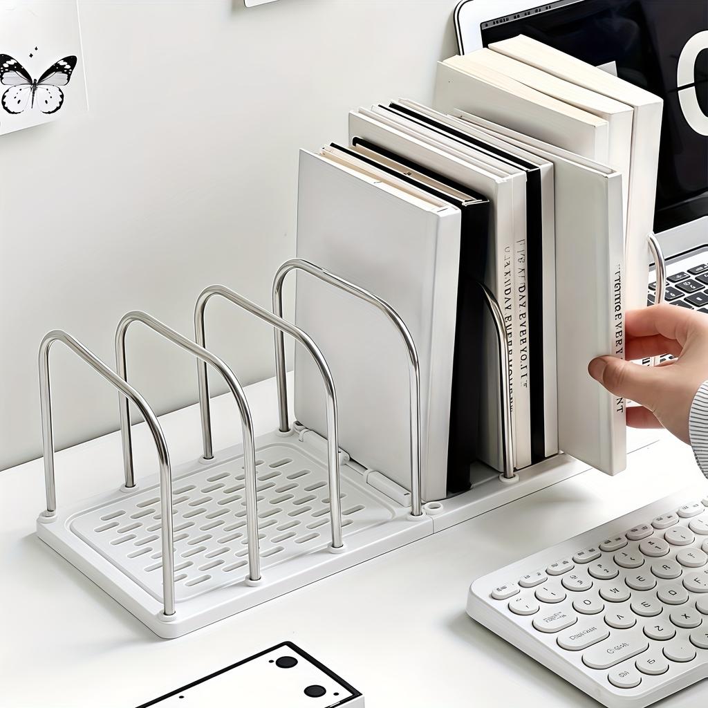 1PC Stainless Steel + PP Desktop Bookshelf, Non-slip Base with Adjustable Partition Vertical Small Bookstand