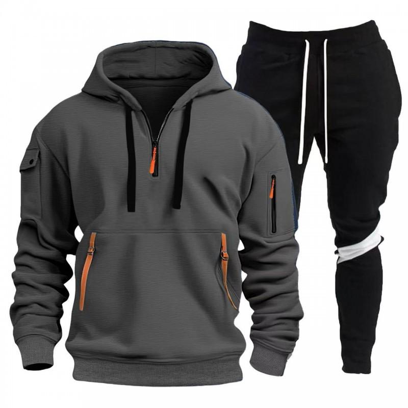 Mens Hooded Casual Sweatshirt Set With Multiple Pockets Lightweight Tracksuit Outfit
