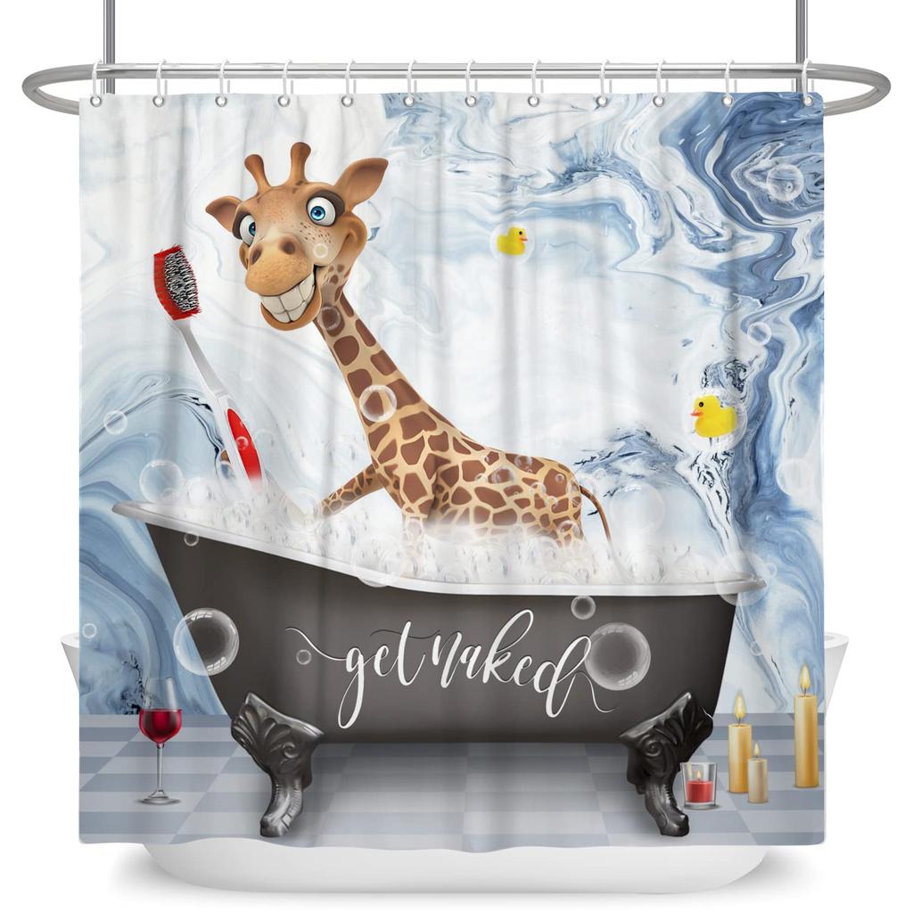 Funny Giraffe Get Naked Shower Curtain Giraffe with Glasses In Soap Bubble Bathtub Wild Animals Bathroom Decor Waterproof Fabric
