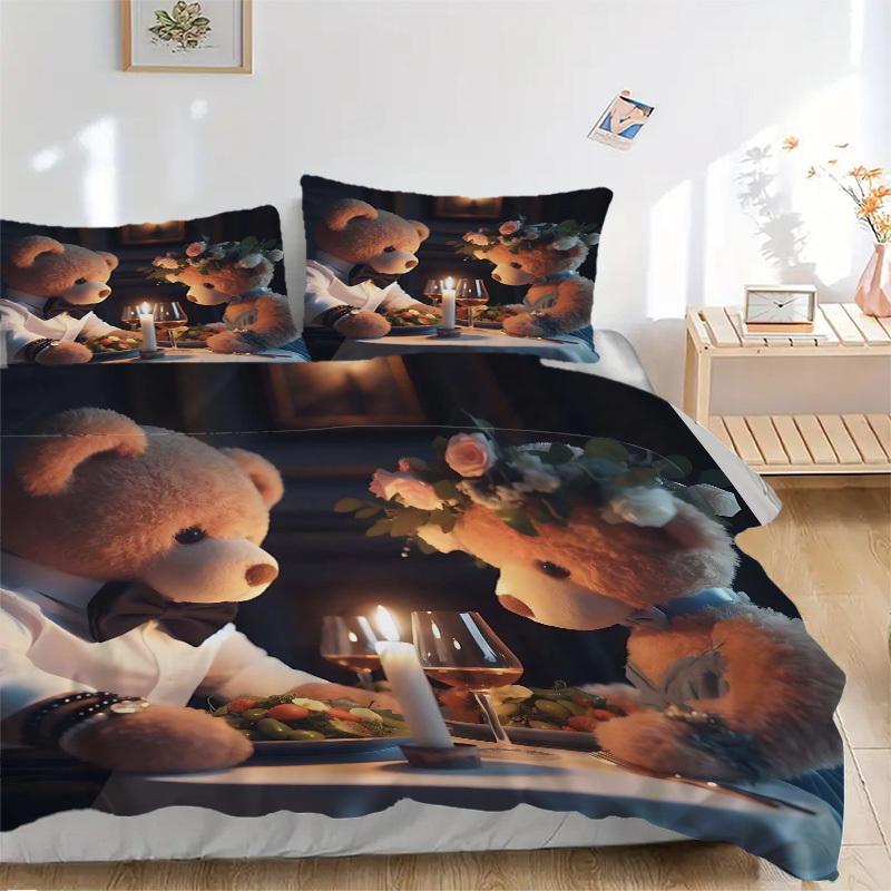 3-teiliges Anime-Teddybär-Bettwäscheset - Enthält einen Bettbezug und zwei Kissenbezüge (Kein Kern) - Perfekt für Schlafzimmer- und Gästezimmerdekoration,
