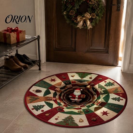 3D Optical Illusion Floor Mats Christmas Round Area Rug, Visual Trap Mat with Santa Elk Print, Unique Seasonal Gift Rugs Non-Slip Stain Resistant