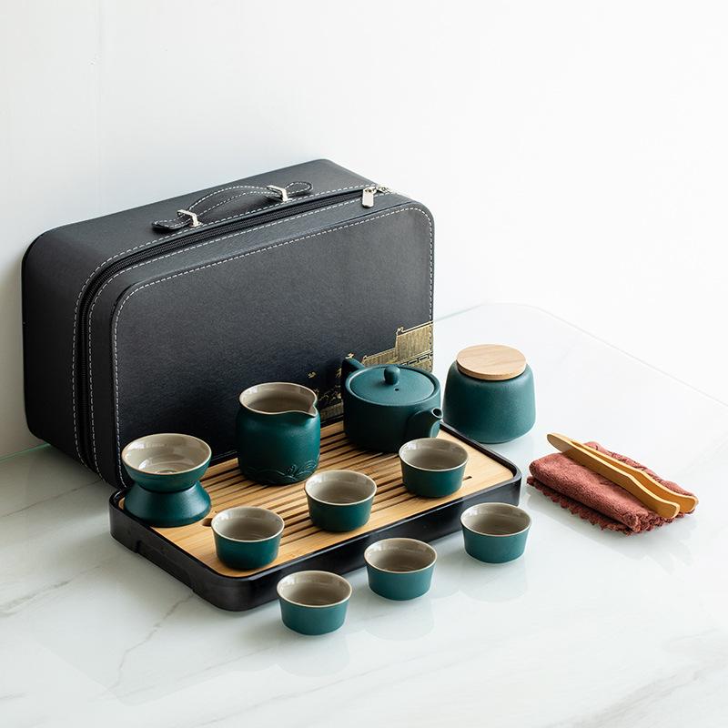 Japanese travel kung fu tea set small set household simple teapot ceramic teacup outdoor tea tray portable bag