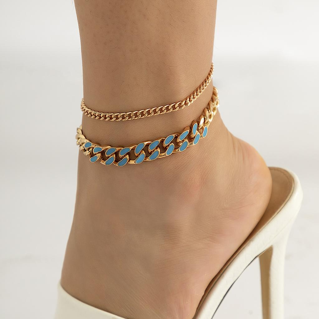 2 stk /sett Cubansk lenke ankelbånd armbånd for kvinner menn hip hop punk blå dryppende olje fotsmykker barfotsandal