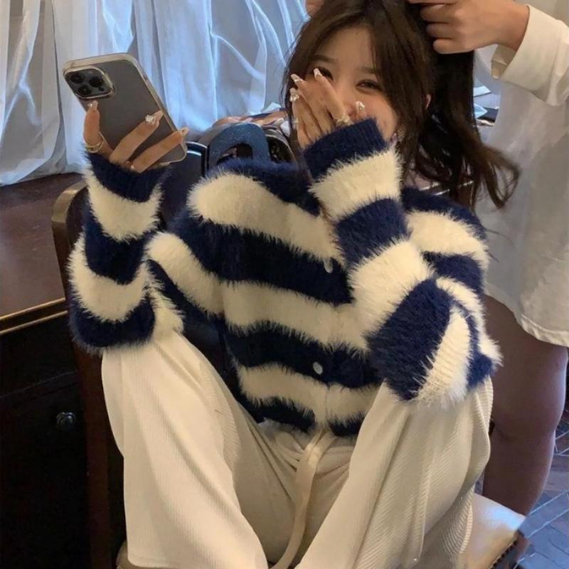 Mohair farge kontrast stripe genser kvinnelig høst og vinter ny stil imitert mink hår o hals langermet strikket cardigan