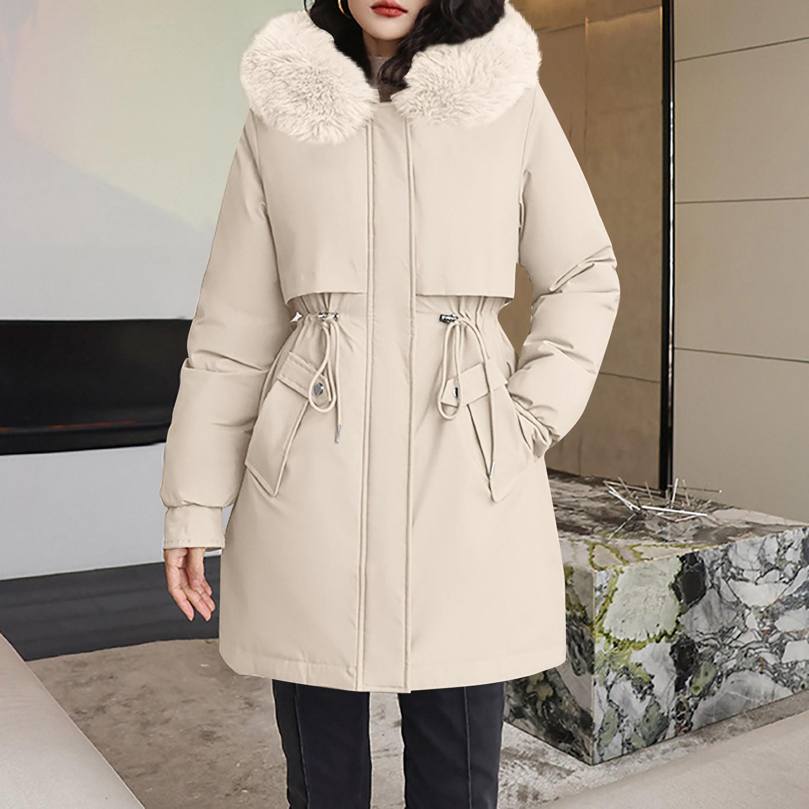 

Women s Fashion Casual Solid Color Hooded With Plush Medium-length Long-sleeved Zipper Button Cotton Coat Jacket XXXL бежевий