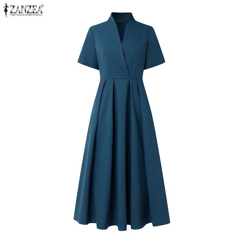 ZANZEA Abito Lungo Elegante da Donna Casual con Scollo a V a Maniche Corte e Linea ad A
