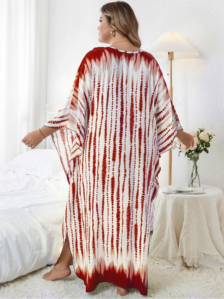 EDOLYNSA Red Striped Women's Kaftan Bohemian V-neck Chinese Knot Auspicious Knot Long Dress Robe Bathing Suit Cover Up Outfit Q1297