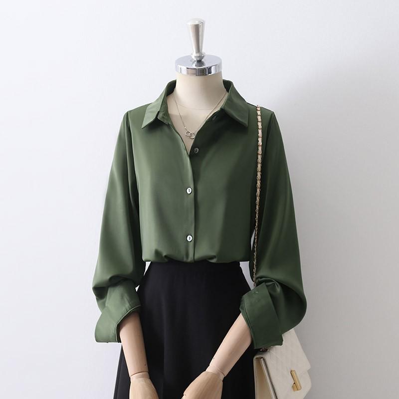 Women's Retro Hong Kong Style Satin Lapel Shirt - Spring/Autumn 2025, Professional Commute Chic, Long Sleeve Top
