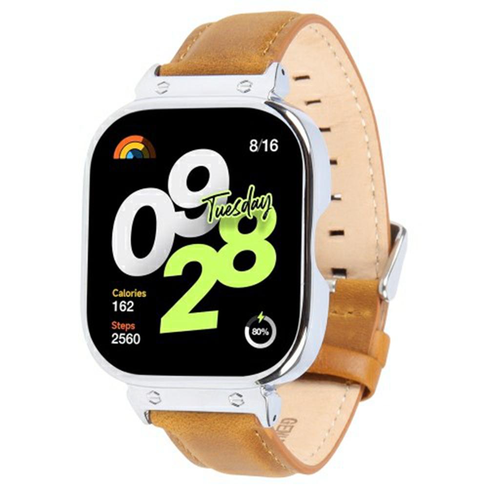 For Xiaomi Redmi Watch 4 Genuine Cow Leather Replacement Strap with Silver Metal Watch Case G